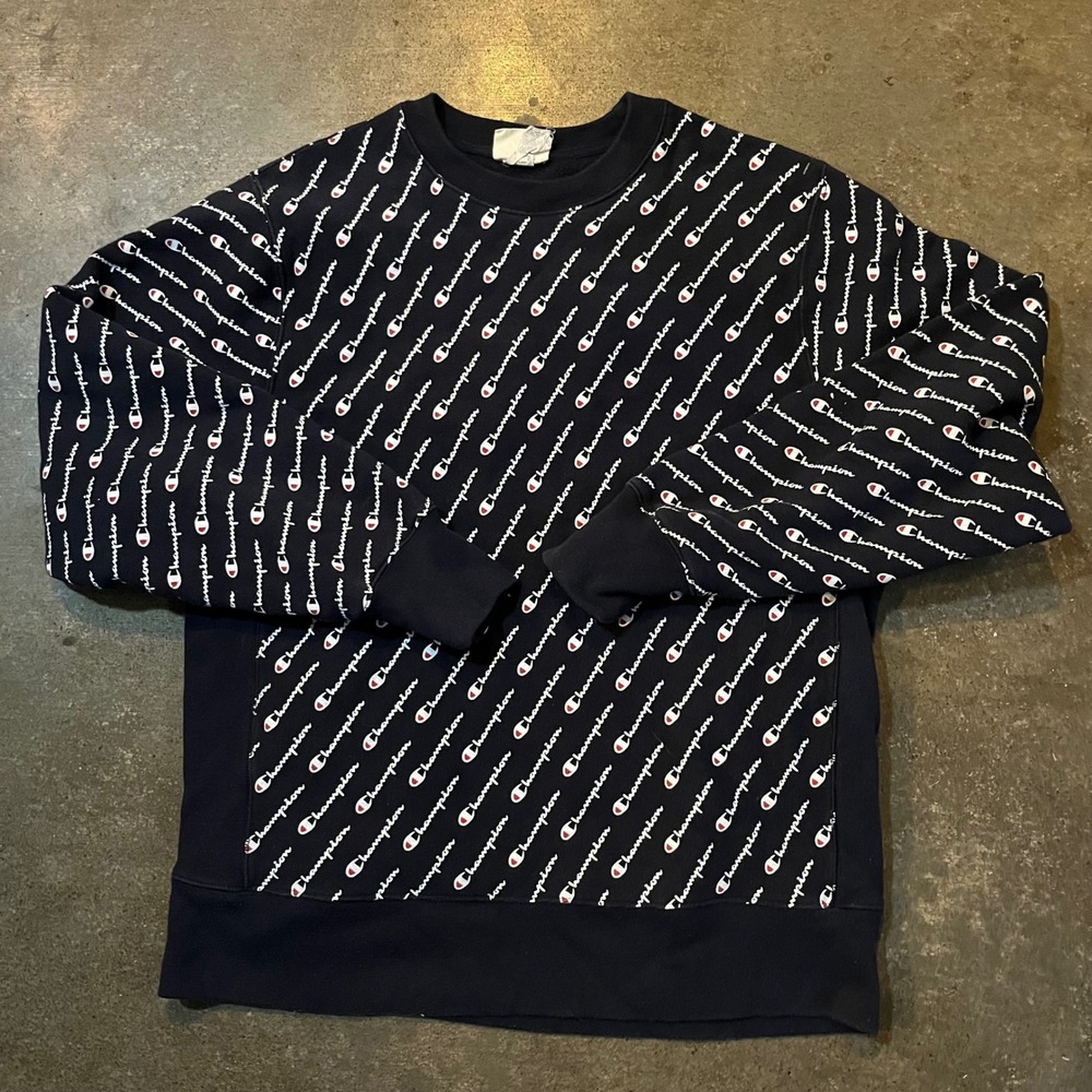 Vintage Champion Reverse Weave‎ Crewneck Men Large Navy AOP Pullover